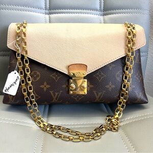 Louis Vuitton Brown and Cream Clutch with Gold Chain